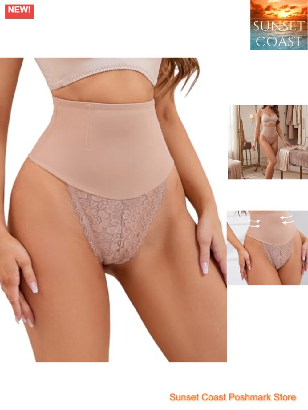 Tummy Control High Waisted Lace Thong Shapewear Panties